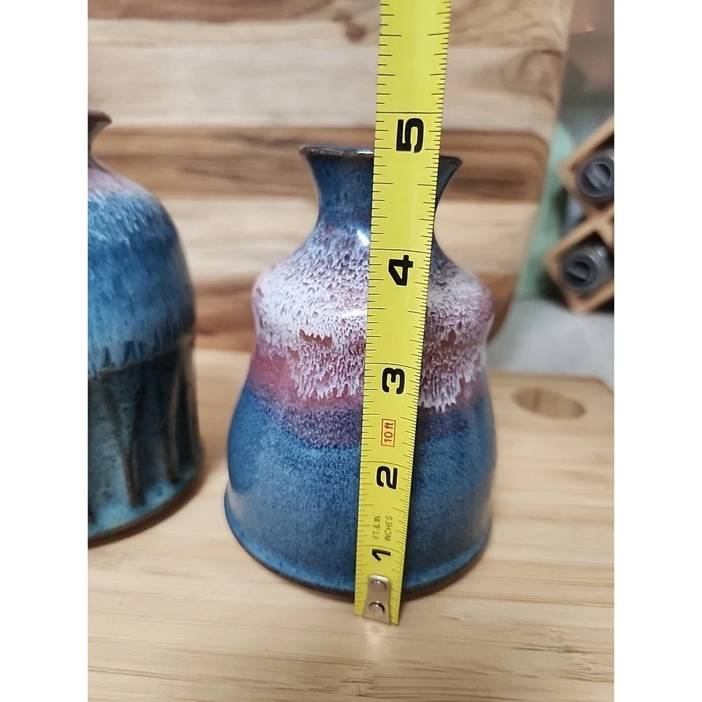 2 Vtg Stoneware Pottery Bud Vases Hand Turned Artist Signed Blue Drip Glaze 5